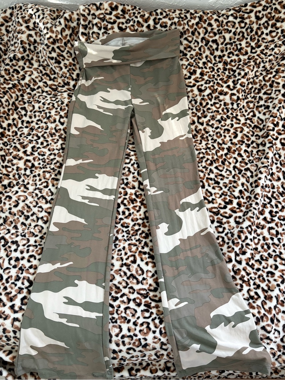 Camo Boot Cut Flare Pants in Olive & Cream